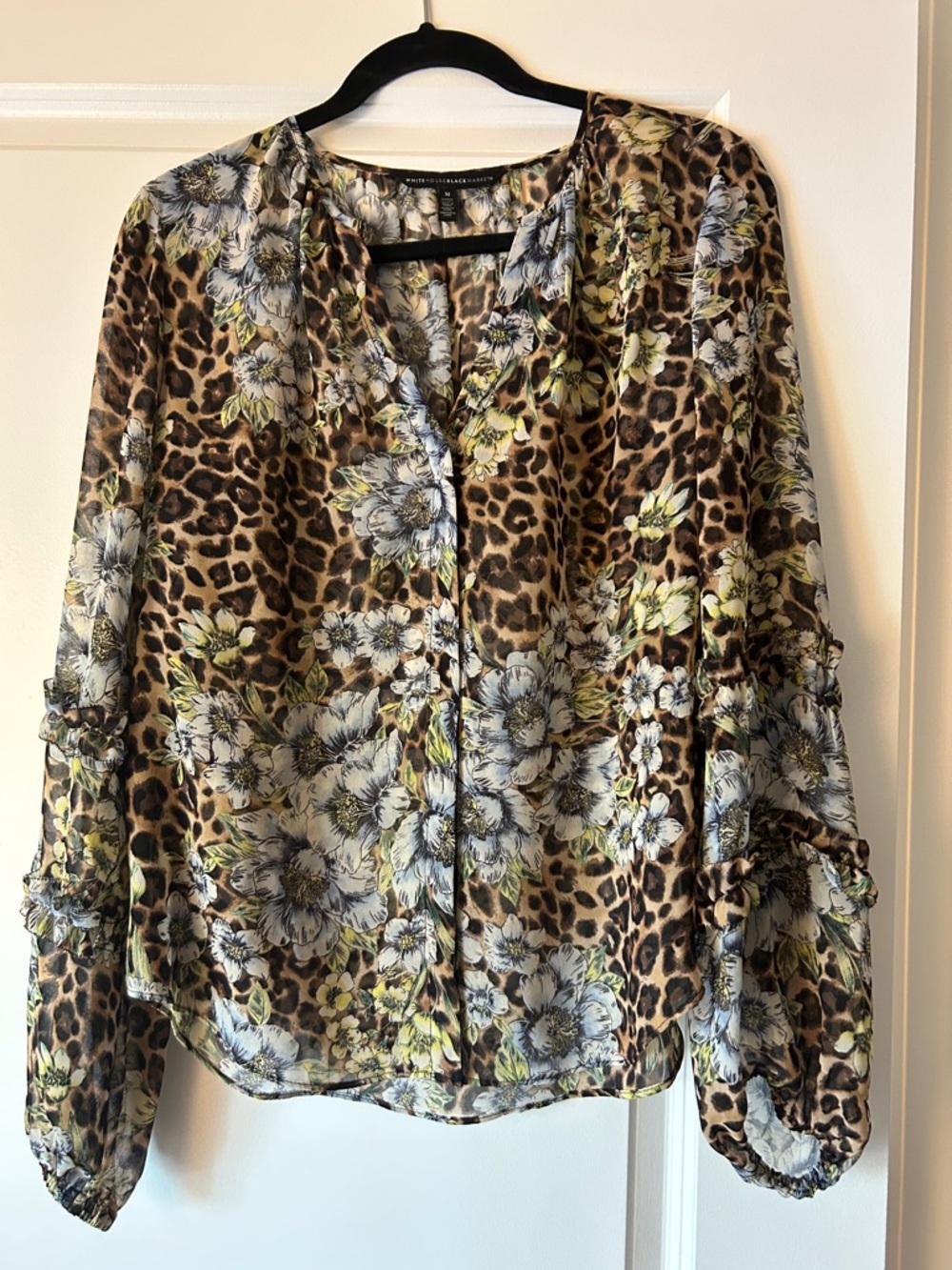 Ladies Floral Leopard Print Button-Front Blouse - Brown/Beige